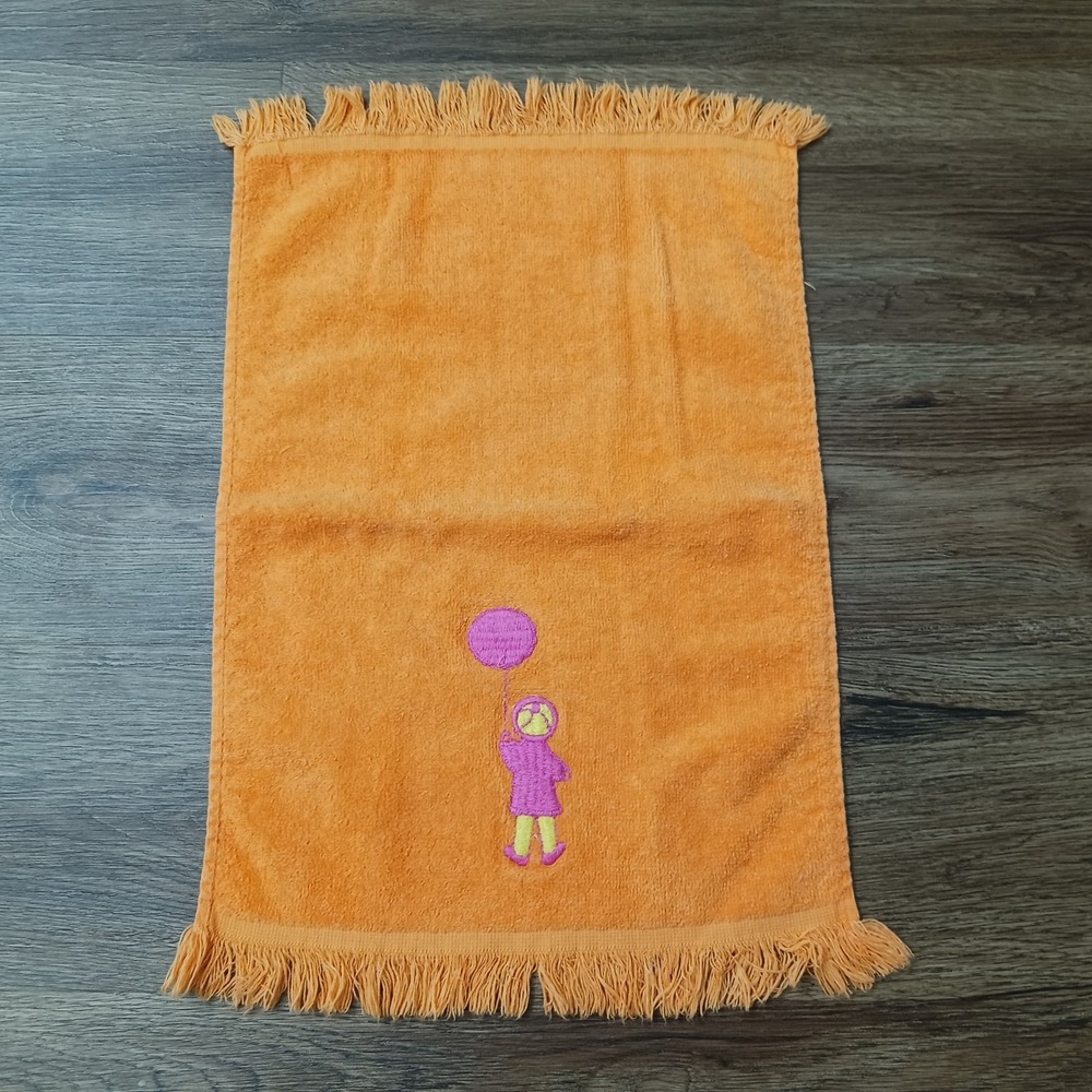 Vintage Cannon Orange Cotton Hand Towel Embroidered Figure Pink Balloon Fringe